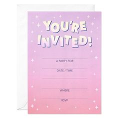 a pink and purple party card with stars on the front, you're in it