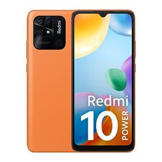 an orange samsung phone with the redmi 10 power logo on it's screen