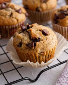 chocolate chip banana muffins on a cooling rack