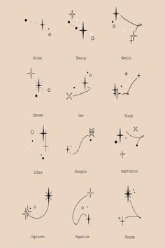 the zodiac signs and their meanings are shown in black ink on a light pink background