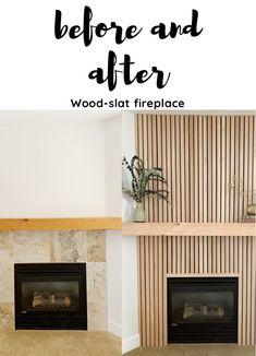 before and after fireplace with wood slats