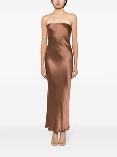 Find BEC & BRIDGE Moon Dance Satin Strapless Dress on Editorialist. chocolate brown satin finish strapless cut-out detailing draped back ankle-length Brown Strapless Evening Dress, Brown Satin Dress, Satin Strapless Dress, Bridge Dress, Moon Dance, Bec Bridge, Brown Satin, Strapless Maxi, Strapless Maxi Dress