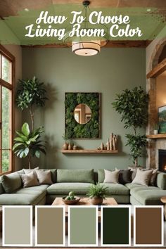 a living room with green walls and lots of plants on the wall in front of the couch