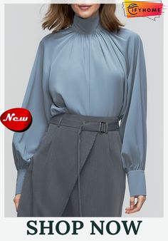 Shift Long Sleeve Turtleneck Solid Lady Top Chic Gray Top, Chic Gray Solid Color Top, Elegant Gray Long Sleeve Tops, Elegant Long Sleeve Gray Tops, Elegant Gray Tops For Workwear, Elegant Gray Workwear Tops, Elegant Gray Blouse For Workwear, Elegant Gray Tops For Work, Buy Blouse