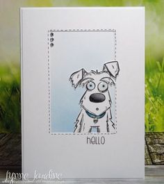 a card with a dog on it and the words hello written in front of it