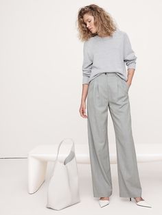 High-Rise Wide-Leg Wool Pant | Banana Republic Fall Wide Leg Pants For Office With Straight Hem, Business Casual Wide Leg Pants For Fall, Fall Wide Leg Pants For Office, Fall Workwear Wide Leg Pants With Straight Hem, Relaxed Fit Wide Leg Dress Pants For Fall, Wide Leg Pants For Workwear With Straight Hem, Wide Leg Pants For Workwear, Fall Season, Grey Wide Pants Outfit, Chic Wide Leg Pants With Straight Hem For Fall