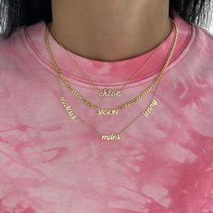 Add up to 6 names/words of your choice to this gorgeous necklace. Each name/word will be in a beautiful script font. Available in 14K Yellow, White or Rose Gold Available in all lowercase or first letter uppercase only Script font only Height is approx. 0.20" - 0.25" - varies per letter and uppercase/lowercase Length depends on the number of letters. Up to 10 characters per name only. Price is based on the number of names. FINAL SALE Beautiful Script Fonts, Uppercase And Lowercase, Script Font, Gorgeous Necklaces, Lowercase A, Name Necklace, Chain Lengths, Personalized Jewelry, Or Rose