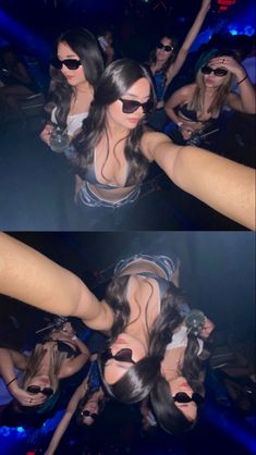 two pictures of a woman wearing sunglasses in front of some people at a club or nightclub