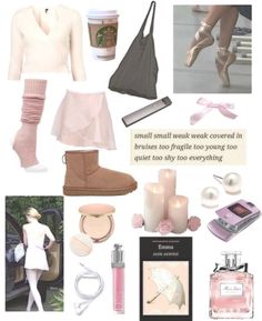 a collage of various items that include shoes, bags, and perfumes as well as text