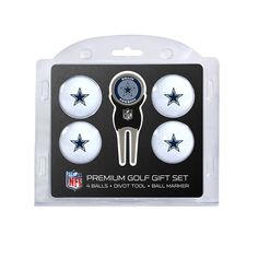 the nfl golf gift set includes six golf balls and a marker with an official logo on it