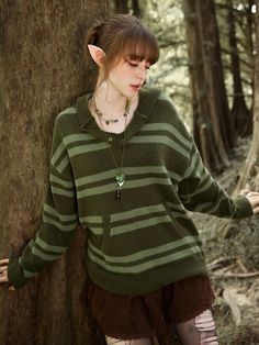 Army Green Casual Collar Long Sleeve Fabric Striped Pullovers Embellished Slight Stretch  Women Clothing Knitted Hoodie, Estilo Hippy, Hooded Jumper, Women Sweaters, Knit Hoodie, Hooded Sweater, Look Cool, Long Sleeve Pullover, Look Fashion