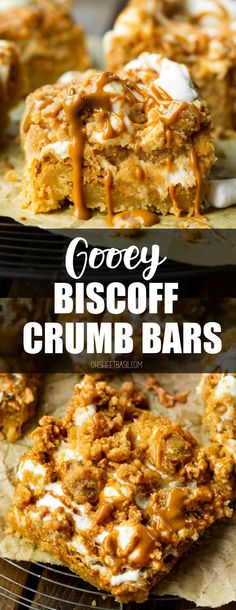 some dessert bars with caramel drizzle on top and the words gooey biscoff crumb bars above them