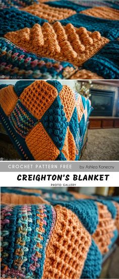 the crochet afghan is made with different colors and patterns, including oranges, blue