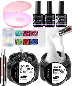 PRICES MAY VARY. 【Solid Builder Gel for Nails】This solid builder gel kit comes with 2 jars of solid nail builder gel of clear and white colors; 6 colors of glitter/sequins, a mini UV &LED nail lamp with a USB cable, 7ml gel base top coat, 7ml nail primer, Double-end silicone pen for sculpting, a silicone nail molds for 3d nail decoration DIY(random), Dual forms for nail extension, cuticle pusher and nail file. A complete solid builder nail gel kit for beginners and nail lovers. 【Solid Nail Build Pink Clear Nails, Solid Builder Gel, Nail Beginners, Nails Solid, Gel Builder, 3d Nail Art Designs, Nails Kit, Builder Gel Nails, Nail Primer