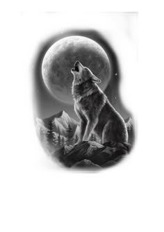 a drawing of a wolf sitting on top of a mountain with the moon in the background