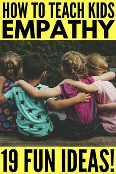 four children sitting on a bench with their arms around each other and looking at something in the distance