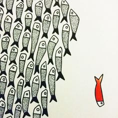 a drawing of fish in the middle of a group of smaller ones that are red and black