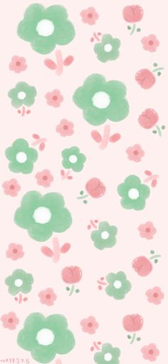 a pink and green flower pattern with white dots on the bottom half of the image