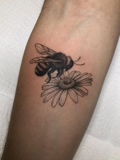 a black and white photo of a bee on a daisy flower with another bum in the background