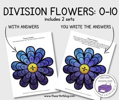 two cards with the words division flowers on them and an image of a purple flower