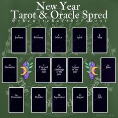 the new year tarot and oracle spread is shown in this graphic art printable