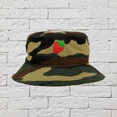 Embroidered strawberry on white bucket hat - DSY Lifestyle Cactus Hat, Beach Bucket Hat, Custom Bucket Hats, Bucket Hat Summer, Embroidered Bucket Hat, Rose Hat, Bucket Hat Women, Bucket Cap, Embroidered Hat