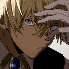 an anime character with blonde hair holding his hand to his face and looking at the camera