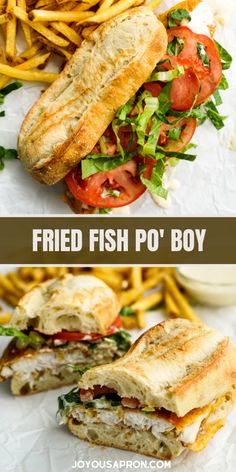 fried fish po'boy sandwich with french fries on the side