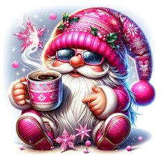 a cartoon santa claus holding a cup of coffee and wearing sunglasses with pink snowflakes