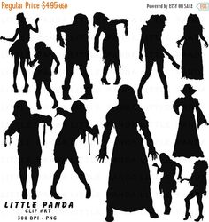 the silhouettes of halloween characters are shown in various poses and sizes, including an evil woman