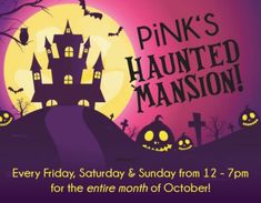 a poster for pink's halloween mansion with pumpkins on the ground and bats in the sky