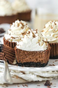 two chocolate cupcakes on a plate with whipped cream and chocolate shavings