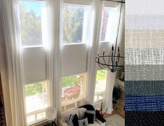 two different shades of blue and grey in a living room with white curtains on the windows