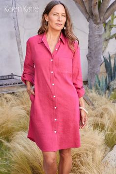 Bright Pink Shirtdress Bright Pink Dresses, Long Sleeve Turtleneck Dress, Black Dress With Sleeves, Chambray Dress, Chiffon Long Sleeve, Summer Jacket