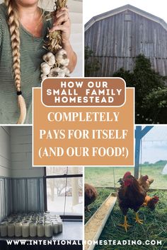 a collage of photos with the words how our small family homestead completely pays for itself and our food