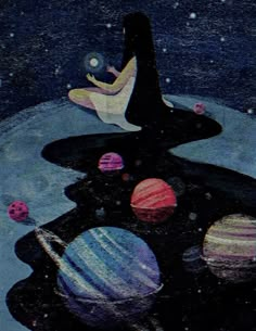 a drawing of a woman floating in the water surrounded by planets and stars, as if she is looking at her phone