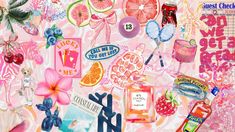 a collage of various stickers on a pink background