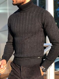 Heritage Black Slim Fit Turtleneck-baagr.myshopify.com-sweatshirts-BOJONI Turtleneck Outfit Men, Mens Knit Sweater, Mens Turtleneck, Turtleneck Outfit, Men Fashion Casual Shirts, Mens Attire, Oc Outfits, Code Black, Male Style