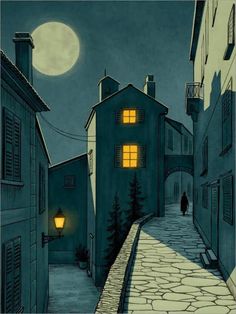 an illustration of a person walking down a street at night with the moon in the sky