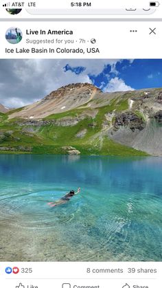 an instagram page with a photo of a person swimming in the water and mountains