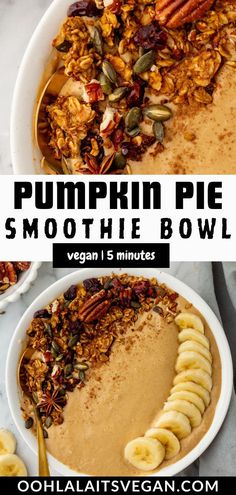 collage of pumpkin pie smoothie bowl Gluten Free Vegan Pumpkin Pie, Pumpkin Pie Protein Smoothie, Protein Smoothie Bowl, Pumpkin Pie Protein, Milk Banana, Vegan Smoothie Bowl, Pumpkin Recipes Healthy