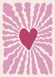 a red heart surrounded by pink and white lines on a beige background with the shape of a sunburst in the center