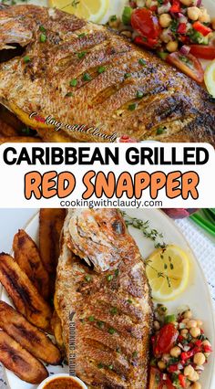 grilled red snapper fish on a plate with garnish