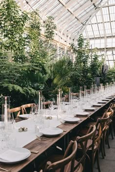 the long table is set with white plates and place settings