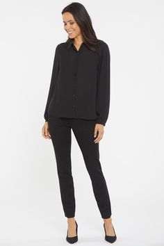 NYDJ's Modern Blouse is sure to be the most popular attendee at every event this season. This classic, collared blouse is embellished with romantic gathers at the shoulder and sleeve for a perfect day or night look. | NYDJ Women's Modern Blouse in Black, Regular, Size: XS Modern Blouse, Collared Blouse, A Perfect Day, Collar Blouse, Night Looks, Blouse Fabric, Perfect Day, Black Blouse, Fabric Material