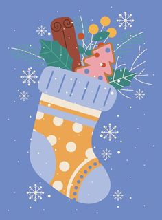 Christmas greeting card with sock and decor, twigs, snowflakes, cookies, leaves, cinnamon, berries, fir tree. Vector illustration on a blue background. Blue Christmas Illustration, Christmas Cookie Illustration, Snowflakes Cookies, Socks Illustration, Winter Vector, Tree Vector Illustration, Christmas Widgets