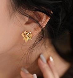 18K Diamond Maple Earring Studs Dainty Leaf Studs Solid Gold - Etsy