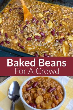 baked beans in a casserole dish with spoon