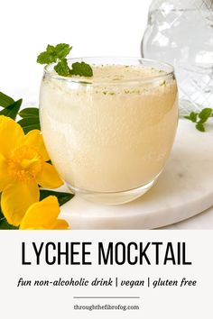 lychee mocktail in a glass next to yellow flowers with a jug in the background. Lychee Mocktail, Mint Mocktail, Fizz Mocktail, Drink For Summer, Fibro Fog, Summer Drinks Alcohol, Non Alcoholic Cocktails