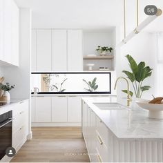 a kitchen with white cabinets and marble counter tops, plants on the window sill